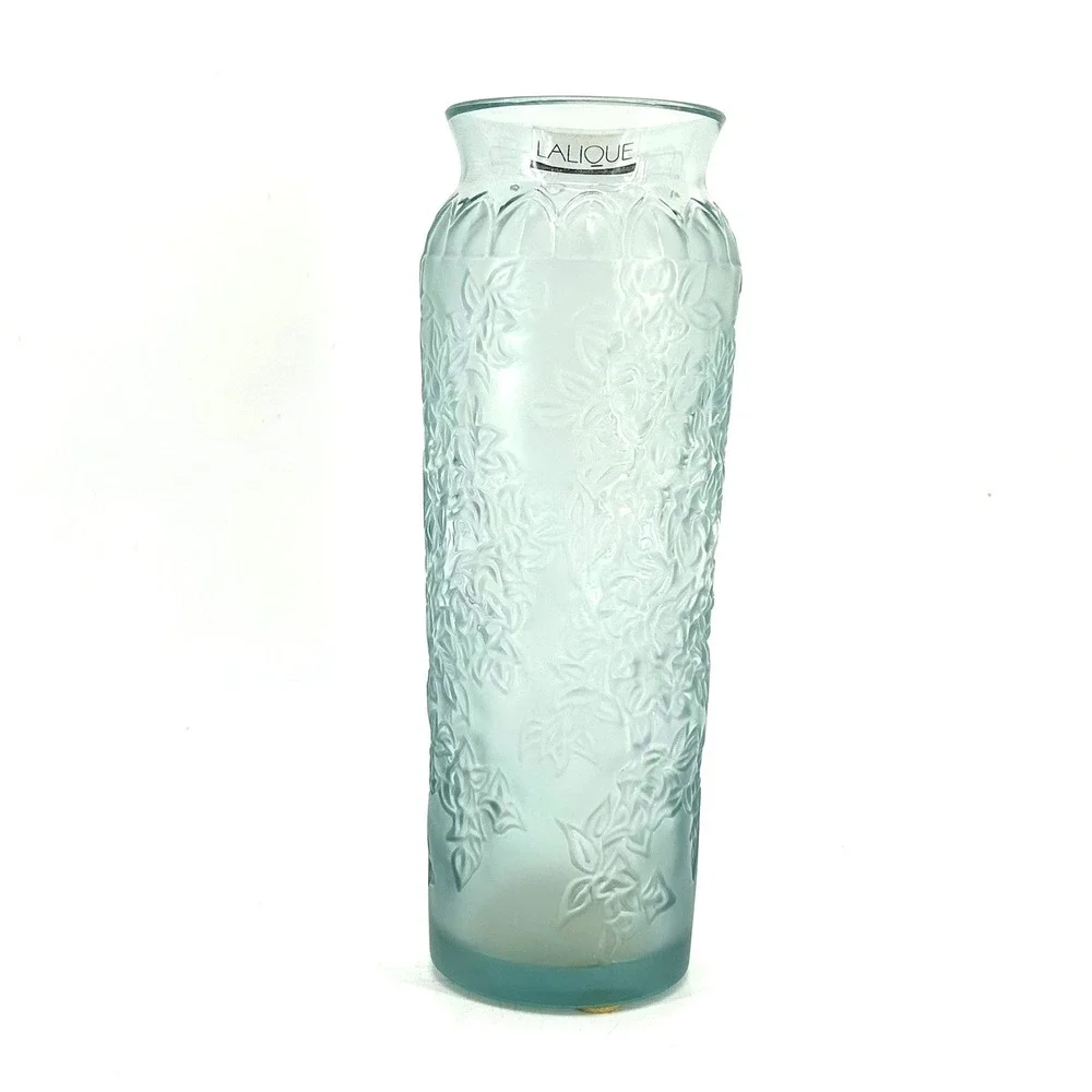 Lalique France Bougainvillier Frosted Glass Floral Vase Blue W/Original BoxPaper